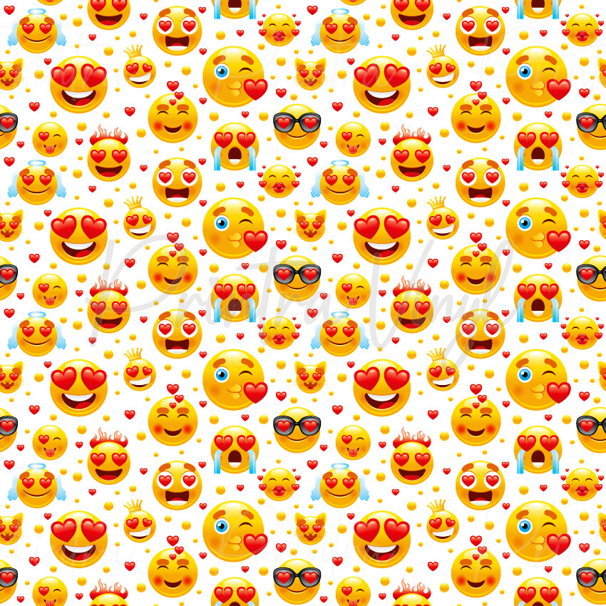 Love Emojis #01 patterned vinyl featuring colourful heart-eyes emojis, kiss faces and love-themed emoji icons scattered among red hearts on a white background.