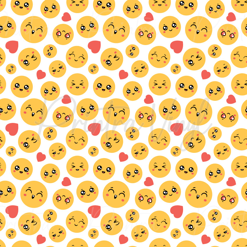 Love Emojis #02 patterned vinyl featuring cheerful yellow emoji faces with playful expressions and scattered pink hearts on a crisp white background.