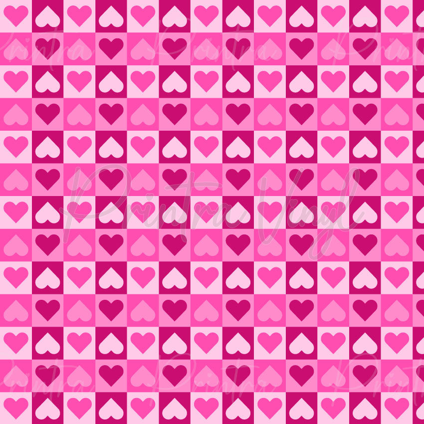 Love Hearts #04 patterned vinyl featuring alternating pink and magenta heart icons arranged in a bold checkerboard pattern with shades of blush, hot pink and deep fuchsia.