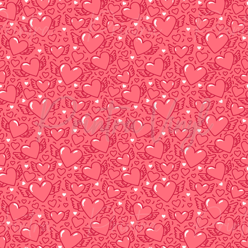 Love Hearts #05 patterned vinyl featuring glossy winged hearts in soft pink and coral tones layered over a matching pink background with scattered heart outlines and tiny white heart accents.