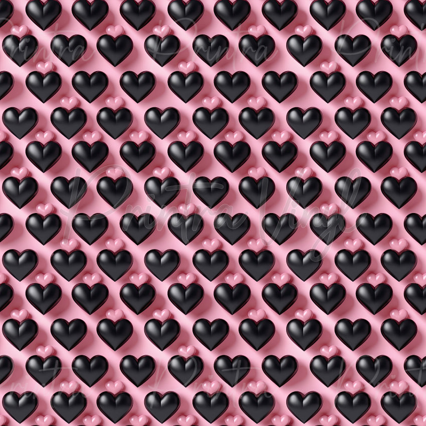 Love Hearts #06 patterned vinyl featuring rows of glossy black hearts accented with small pink hearts on a soft blush pink background, creating a bold monochromatic love-themed design.