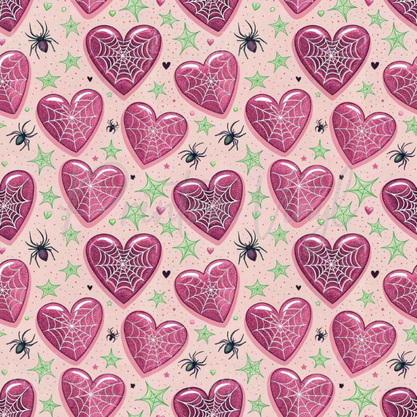 Love Web patterned vinyl featuring glittery pink heart-shaped spider webs, tiny black spiders, mint green web accents, and scattered hearts on a soft blush pink background for a sweet spooky design.