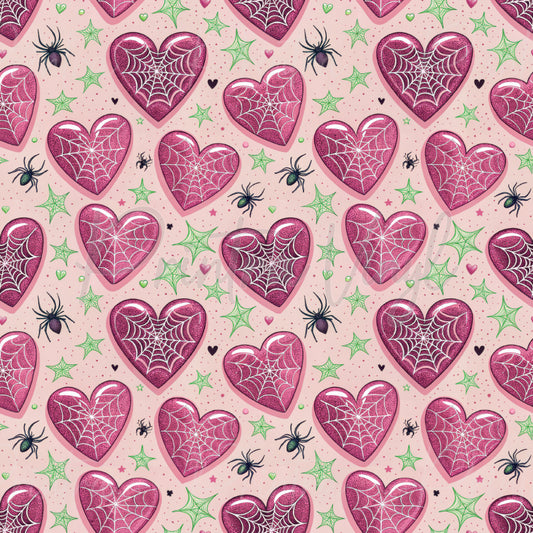 Love Web patterned vinyl featuring glittery pink heart-shaped spider webs, tiny black spiders, mint green web accents, and scattered hearts on a soft blush pink background for a sweet spooky design.