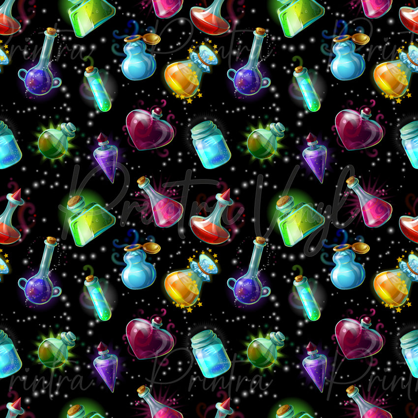 Magical Potions #01 patterned vinyl featuring glowing potion bottles, magical elixirs and enchanted jars in vibrant shades of lime green, aqua, purple, pink, red and gold, scattered across a star-filled black background with sparkling mystical effects.