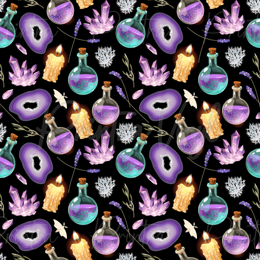Magical Potions #02 patterned vinyl featuring glowing potion bottles, amethyst crystal clusters, lavender sprigs, geode slices, candles and mystical moths in soft shades of purple, lavender, aqua and cream on a deep black background.
