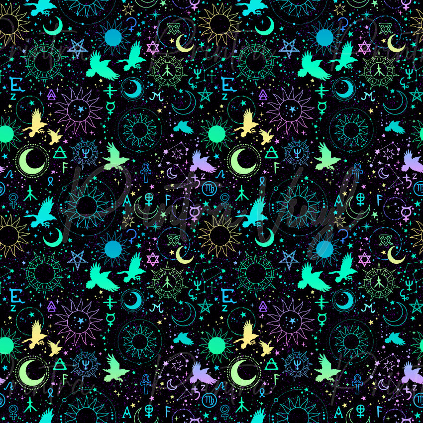 Magical Alchemy #01 patterned vinyl featuring mystical celestial symbols, crescent moons, radiant suns, flying ravens, stars and alchemy-inspired icons in glowing shades of aqua, teal, lavender, lime and gold scattered across a star-filled black background.