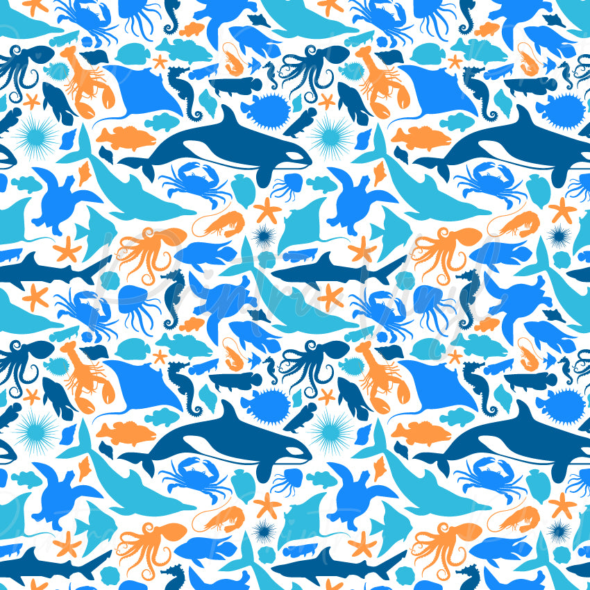 Marine Zone patterned vinyl featuring a vibrant collection of ocean creatures including orcas, sharks, sea turtles, octopuses, crabs, lobsters, seahorses, fish, starfish, and jellyfish in bold blue and orange tones on a white background.