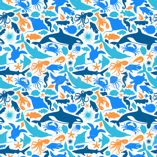 Marine Zone patterned vinyl featuring a vibrant collection of ocean creatures including orcas, sharks, sea turtles, octopuses, crabs, lobsters, seahorses, fish, starfish, and jellyfish in bold blue and orange tones on a white background.