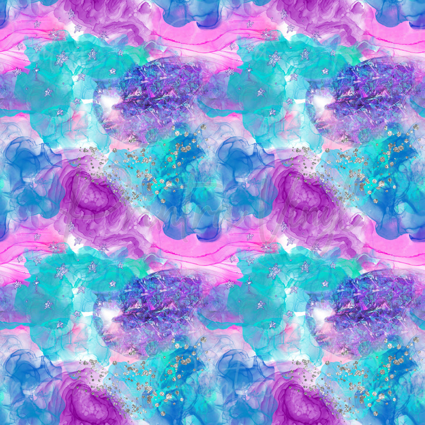 Mermaid Glam #04 patterned vinyl featuring vibrant flowing alcohol ink textures in turquoise, aqua, lavender, and hot pink tones, accented with sparkling silver glitter flecks, crystalline geode details, and shimmering mermaid-inspired effects.