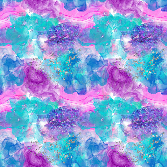 Mermaid Glam #04 patterned vinyl featuring vibrant flowing alcohol ink textures in turquoise, aqua, lavender, and hot pink tones, accented with sparkling silver glitter flecks, crystalline geode details, and shimmering mermaid-inspired effects.