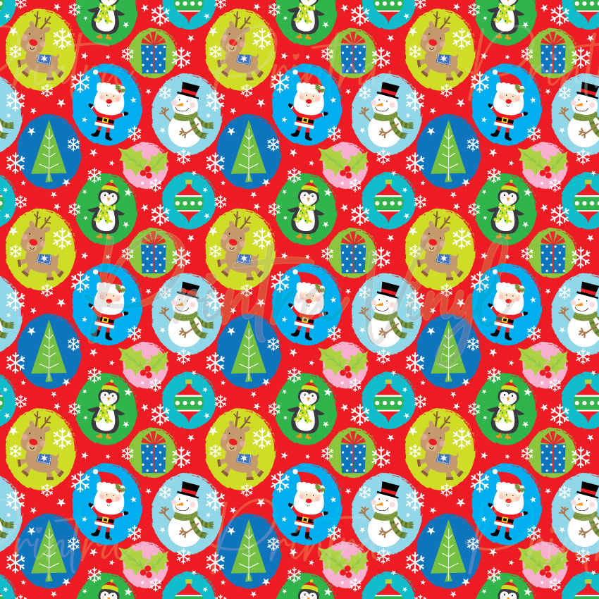 Merry Christmas #01 patterned vinyl featuring festive Christmas ornaments filled with cheerful holiday characters including Santa Claus, snowmen, reindeer, penguins, Christmas trees, wrapped presents, and baubles, scattered across a vibrant red background with white snowflakes and stars.