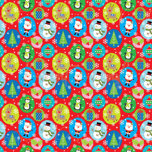 Merry Christmas #01 patterned vinyl featuring festive Christmas ornaments filled with cheerful holiday characters including Santa Claus, snowmen, reindeer, penguins, Christmas trees, wrapped presents, and baubles, scattered across a vibrant red background with white snowflakes and stars.