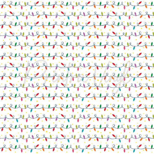 Merry Christmas #02 patterned vinyl featuring colourful strings of Christmas lights in red, pink, orange, green, teal, and purple, draped across a crisp white background with scattered golden stars for a cheerful festive design.