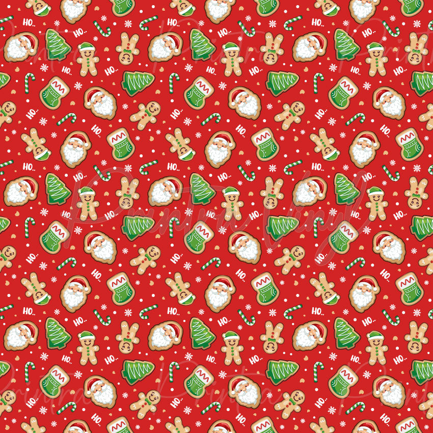 Merry Christmas #03 patterned vinyl featuring festive Christmas cookies shaped like Santa faces, gingerbread people, Christmas trees, stockings, and candy canes, scattered across a bright red background with snowflakes, stars, and holiday accents.