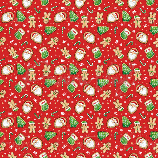Merry Christmas #03 patterned vinyl featuring festive Christmas cookies shaped like Santa faces, gingerbread people, Christmas trees, stockings, and candy canes, scattered across a bright red background with snowflakes, stars, and holiday accents.