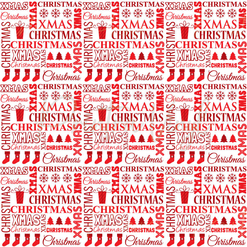 Merry Christmas #04 patterned vinyl featuring festive Christmas typography in bold red and black text, combined with gift boxes, stockings, Christmas trees, and snowflake motifs arranged in a playful holiday word-art design on a crisp white background.