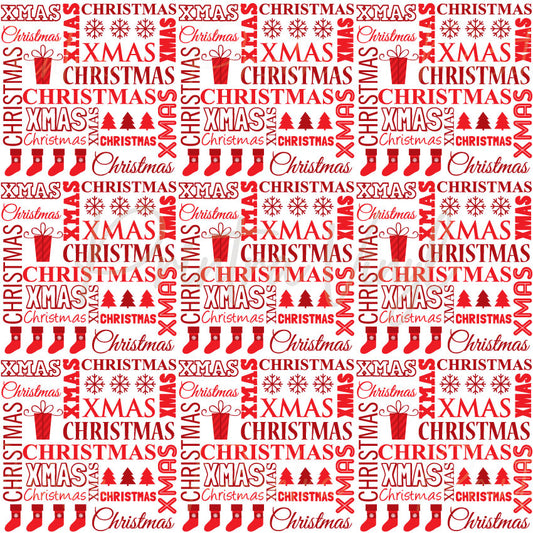 Merry Christmas #04 patterned vinyl featuring festive Christmas typography in bold red and black text, combined with gift boxes, stockings, Christmas trees, and snowflake motifs arranged in a playful holiday word-art design on a crisp white background.
