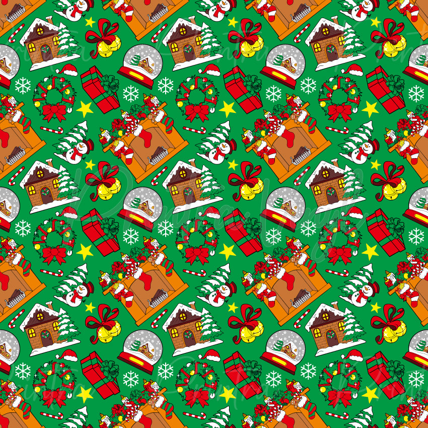 Merry Christmas #05 patterned vinyl featuring festive Christmas icons including cosy gingerbread houses, snow globes, wreaths, wrapped presents, stockings, jingle bells, candy canes, snowmen, snowflakes, and stars scattered across a vibrant green background.