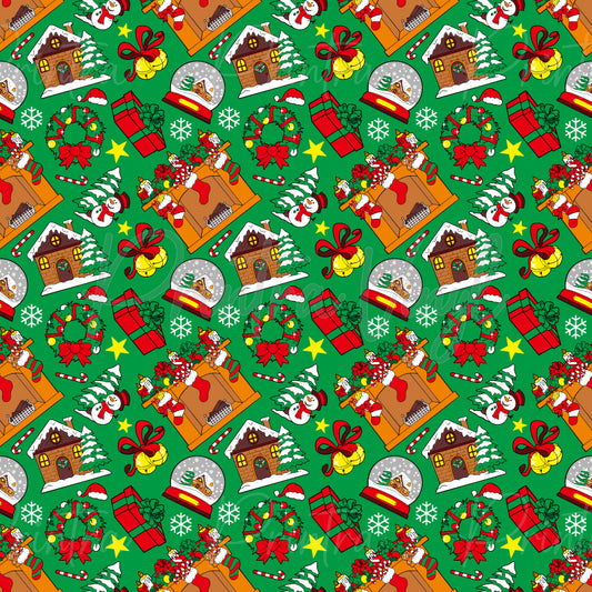 Merry Christmas #05 patterned vinyl featuring festive Christmas icons including cosy gingerbread houses, snow globes, wreaths, wrapped presents, stockings, jingle bells, candy canes, snowmen, snowflakes, and stars scattered across a vibrant green background.