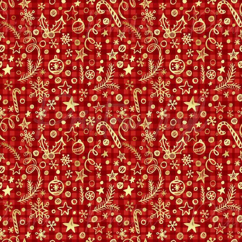 Merry Christmas #06 patterned vinyl featuring festive Christmas doodles in gold on a rich red tartan background, including candy canes, snowflakes, holly leaves, baubles, stars, pine sprigs, ribbon curls, and holiday ornaments.