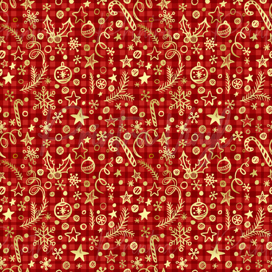 Merry Christmas #06 patterned vinyl featuring festive Christmas doodles in gold on a rich red tartan background, including candy canes, snowflakes, holly leaves, baubles, stars, pine sprigs, ribbon curls, and holiday ornaments.
