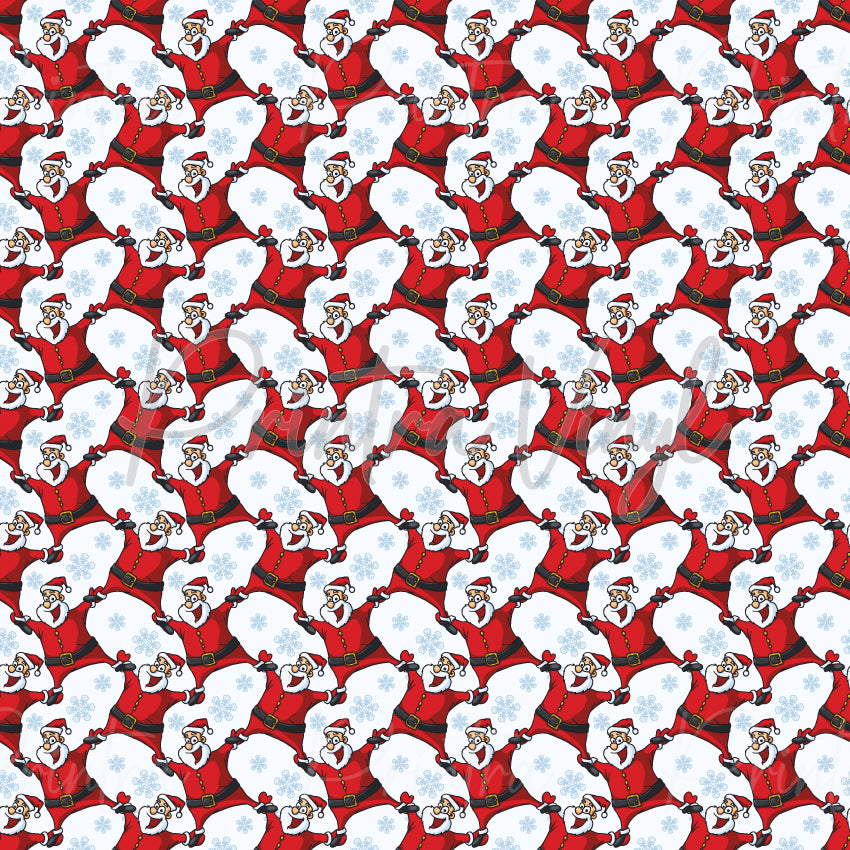 Merry Christmas #07 patterned vinyl featuring cheerful Santa Claus illustrations arranged in a festive geometric lattice design, accented with delicate blue snowflakes on a crisp white background for a fun and timeless Christmas look.