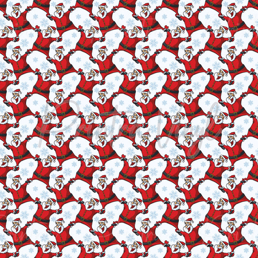 Merry Christmas #07 patterned vinyl featuring cheerful Santa Claus illustrations arranged in a festive geometric lattice design, accented with delicate blue snowflakes on a crisp white background for a fun and timeless Christmas look.