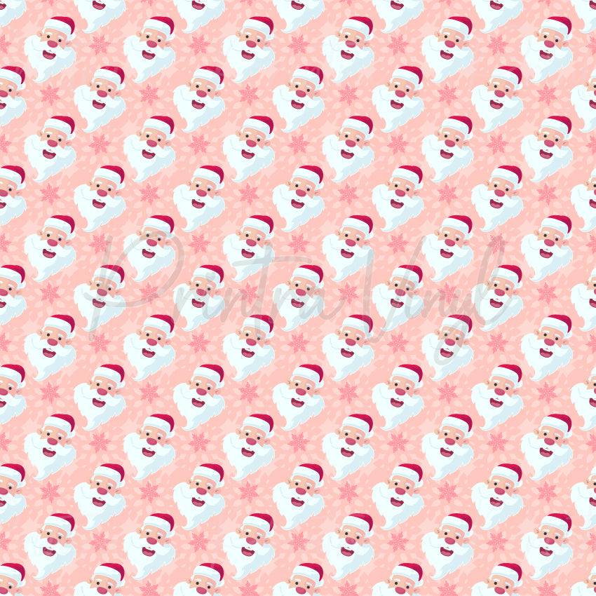 Merry Christmas #08 patterned vinyl featuring cheerful Santa Claus faces scattered across a soft blush pink background, accented with delicate pink snowflakes and subtle festive details for a sweet holiday design.