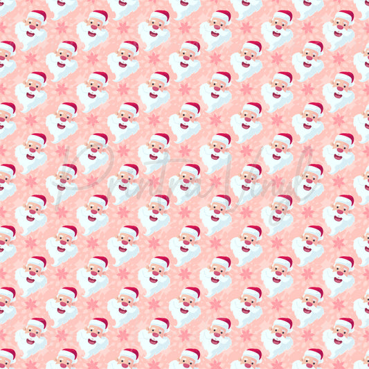 Merry Christmas #08 patterned vinyl featuring cheerful Santa Claus faces scattered across a soft blush pink background, accented with delicate pink snowflakes and subtle festive details for a sweet holiday design.