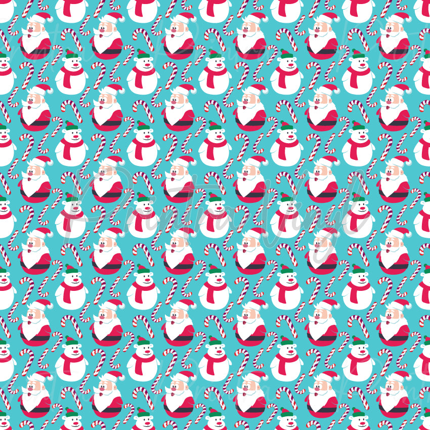 Merry Christmas #09 patterned vinyl featuring festive Christmas characters including Santa Claus, snowmen, and red-and-white candy canes scattered across a bright aqua blue background, creating a cheerful and playful holiday design.