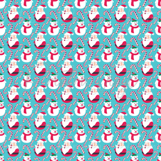 Merry Christmas #09 patterned vinyl featuring festive Christmas characters including Santa Claus, snowmen, and red-and-white candy canes scattered across a bright aqua blue background, creating a cheerful and playful holiday design.