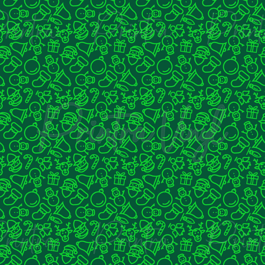 Merry Christmas #10 patterned vinyl featuring festive Christmas doodle icons in bright green line art, including Santa hats, ornaments, stockings, gifts, candy canes, reindeer, Christmas trees, bells, and snowmen scattered across a dark green background.