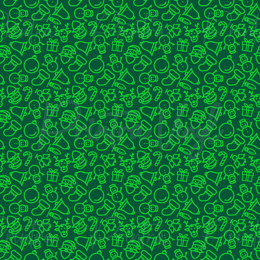 Merry Christmas #10 patterned vinyl featuring festive Christmas doodle icons in bright green line art, including Santa hats, ornaments, stockings, gifts, candy canes, reindeer, Christmas trees, bells, and snowmen scattered across a dark green background.