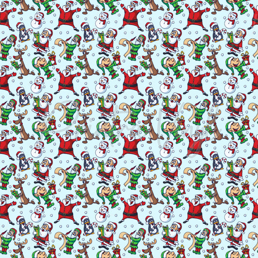 Merry Christmas #11 patterned vinyl featuring playful Christmas characters including Santa Claus, elves, reindeer, snowmen, penguins, candy canes, gift boxes, and festive scrolls scattered across a soft icy blue background with falling snow details.