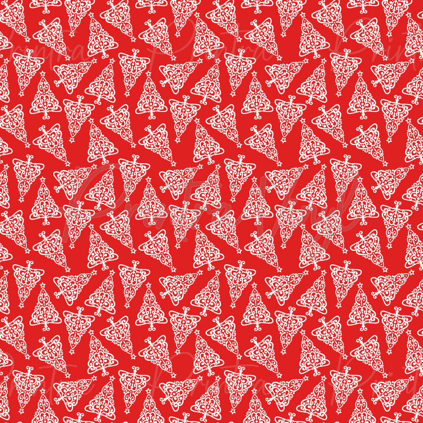 Merry Christmas #12 patterned vinyl featuring elegant white Christmas tree silhouettes filled with intricate ornamental scrollwork, scattered across a vibrant red background with delicate star accents for a timeless festive design.