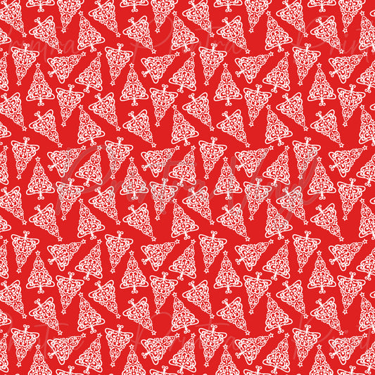Merry Christmas #12 patterned vinyl featuring elegant white Christmas tree silhouettes filled with intricate ornamental scrollwork, scattered across a vibrant red background with delicate star accents for a timeless festive design.