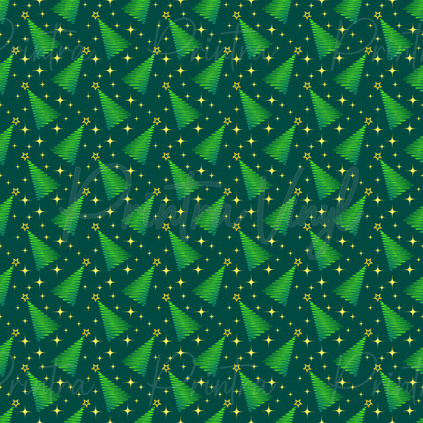 Merry Christmas #13 patterned vinyl featuring modern stylised Christmas trees formed from flowing green spiral lines, scattered across a deep emerald background with sparkling gold stars and festive celestial accents.