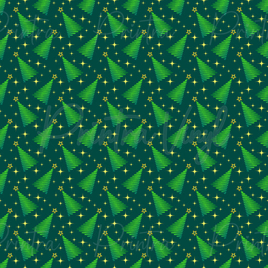 Merry Christmas #13 patterned vinyl featuring modern stylised Christmas trees formed from flowing green spiral lines, scattered across a deep emerald background with sparkling gold stars and festive celestial accents.