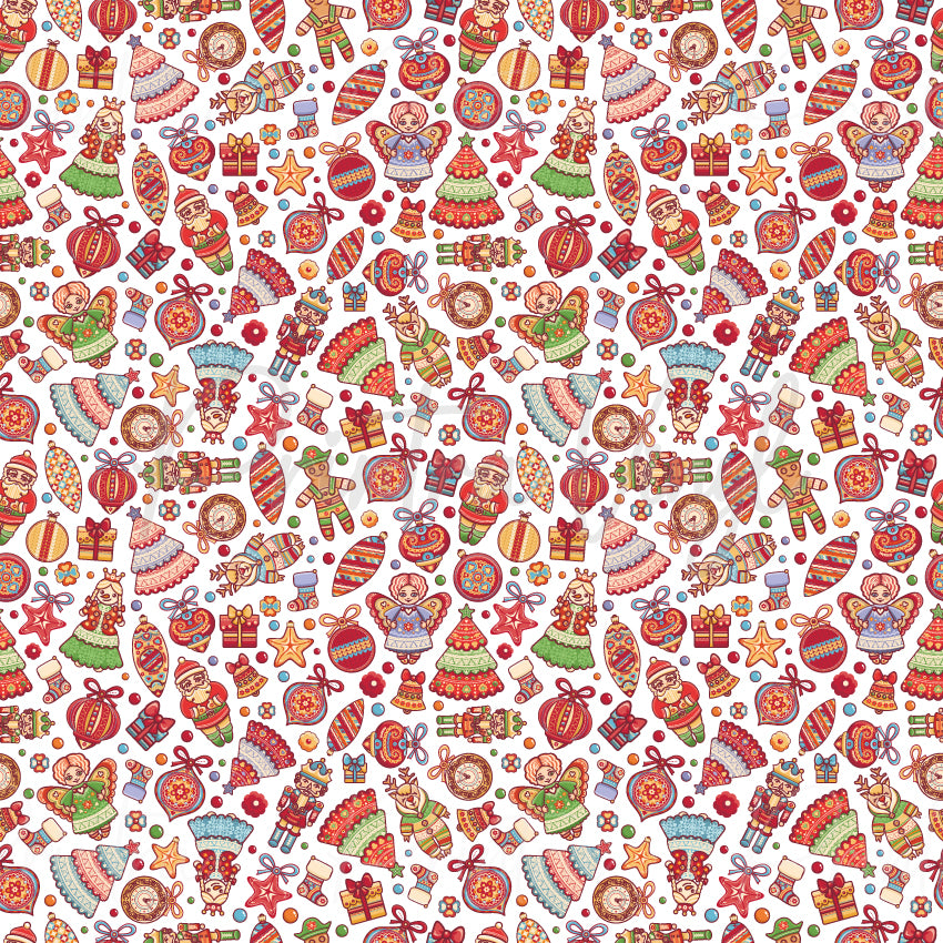 Merry Christmas #14 patterned vinyl featuring a charming collection of vintage-inspired Christmas illustrations including Santa Claus, angels, nutcrackers, reindeer, decorated Christmas trees, baubles, wrapped presents, stockings, ornaments, stars, and festive holiday decorations scattered across a crisp white background.