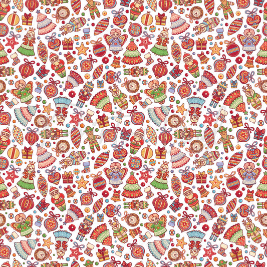 Merry Christmas #14 patterned vinyl featuring a charming collection of vintage-inspired Christmas illustrations including Santa Claus, angels, nutcrackers, reindeer, decorated Christmas trees, baubles, wrapped presents, stockings, ornaments, stars, and festive holiday decorations scattered across a crisp white background.