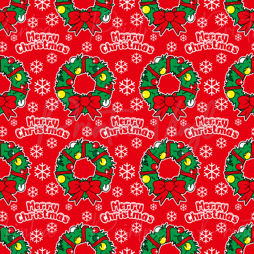 Merry Christmas #15 patterned vinyl featuring festive Christmas wreaths decorated with red bows, ornaments, holly leaves, and ribbon accents, paired with cheerful "Merry Christmas" lettering and white snowflakes on a vibrant red background.