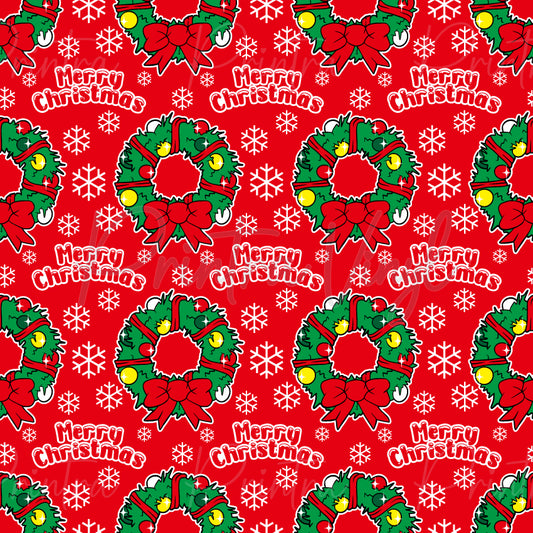 Merry Christmas #15 patterned vinyl featuring festive Christmas wreaths decorated with red bows, ornaments, holly leaves, and ribbon accents, paired with cheerful "Merry Christmas" lettering and white snowflakes on a vibrant red background.