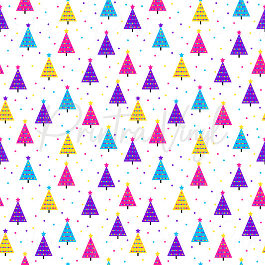 Merry Christmas #16 patterned vinyl featuring colourful modern Christmas trees in bright pink, purple, blue, and yellow tones, decorated with dotted garlands and topped with stars, scattered across a light grey background with festive confetti accents.