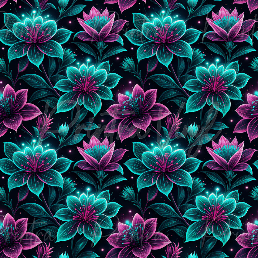 Midnight Bloom patterned vinyl featuring glowing teal and magenta flowers, luminous botanical details, and sparkling neon accents on a rich black background.