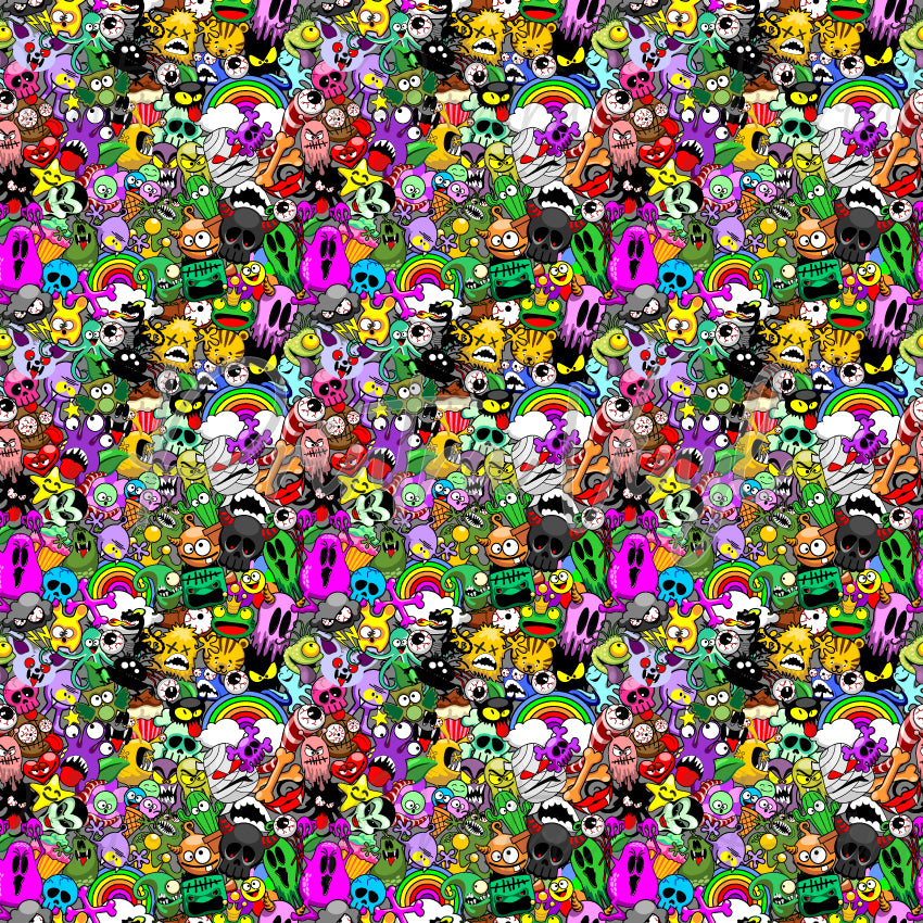 Monster Saga #01 patterned vinyl featuring a wild collage of quirky cartoon monsters, ghosts, skulls, eyeballs, tentacled creatures, rainbows, bats, bones, and spooky-cute characters in vibrant neon shades of pink, green, blue, purple, yellow, and orange on a black background.