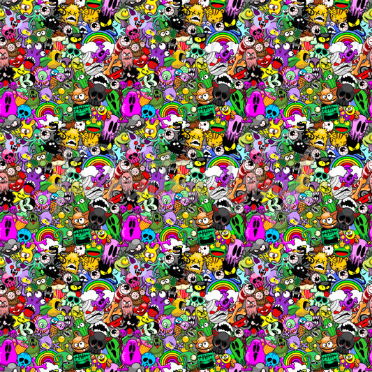 Monster Saga #01 patterned vinyl featuring a wild collage of quirky cartoon monsters, ghosts, skulls, eyeballs, tentacled creatures, rainbows, bats, bones, and spooky-cute characters in vibrant neon shades of pink, green, blue, purple, yellow, and orange on a black background.
