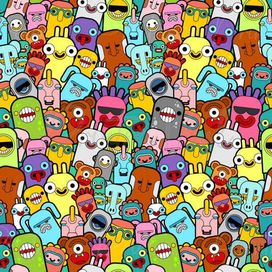 Monster Saga #02 patterned vinyl featuring a colourful crowd of quirky cartoon monsters with oversized eyes, goofy smiles, funny expressions, and playful creature designs in bright shades of blue, yellow, pink, green, orange, purple, and grey.