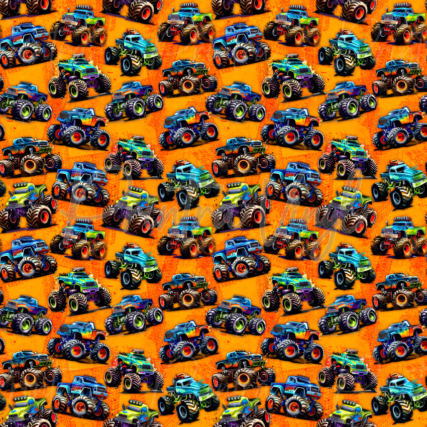 Monster Trucks patterned vinyl featuring colourful monster trucks with oversized tyres, lifted suspensions, and rugged off-road styling in vibrant blue, green, orange, purple, and yellow tones on a bold orange textured background.