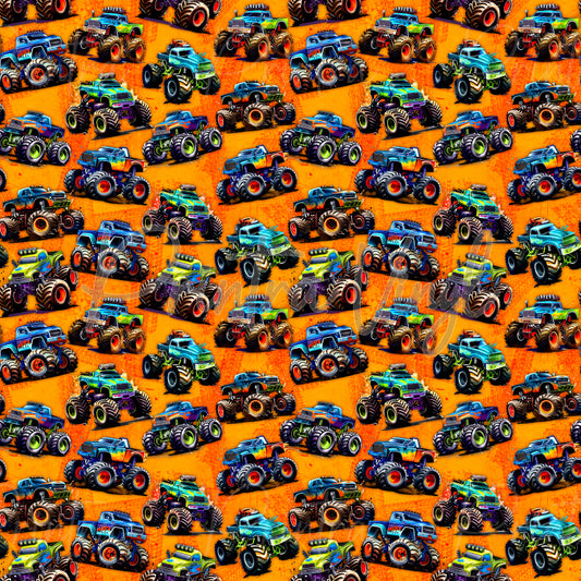 Monster Trucks patterned vinyl featuring colourful monster trucks with oversized tyres, lifted suspensions, and rugged off-road styling in vibrant blue, green, orange, purple, and yellow tones on a bold orange textured background.
