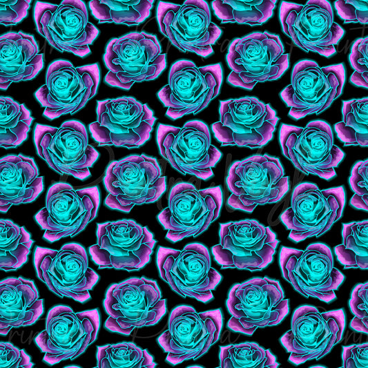 A seamless repeating pattern of stylized roses in vibrant neon cyan and magenta on a solid black background.